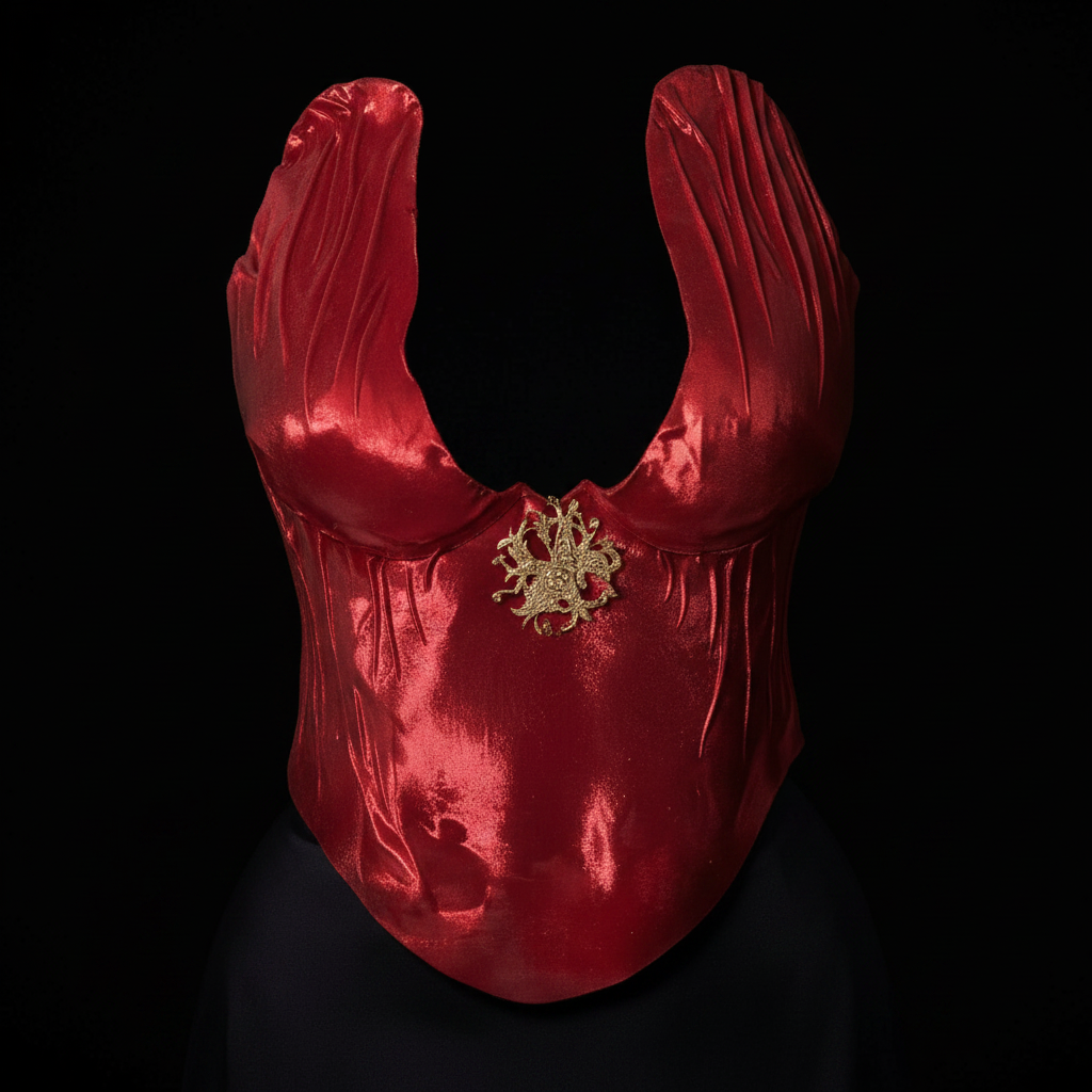 Close-up detaliu corset Red Goddess - satin rosu si brosă aurie